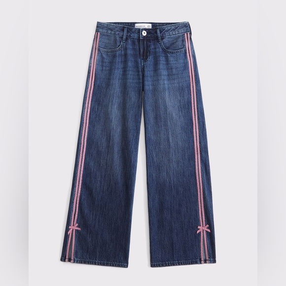 Abercrombie Kids Low Rise Baggy Jeans Size 5/6 Long NWT Pink Striped Bow Details - Picture 1 of 12
